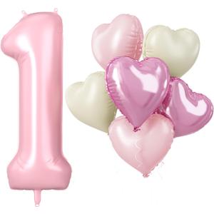 40 Inch Pink 1 Balloons, Large Light Pink Number One Balloon with Pastel Baby Pink Cream Foil Heart Balloons Helium for Girls 1st Birthday Party First One Year Baby Shower Princess Party Decorations