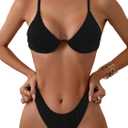 Fanuerg Women Underwire Triangle Bikini Spaghetti Strap Push Up Swimsuit Cheeky Two Piece Bathing Suit, Black, X-Small