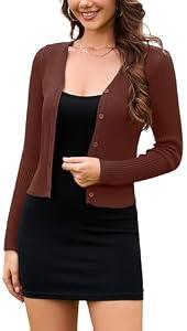 Iandroiy Cropped Cardigan Bolero Shrug for Women Button Down Long Sleeve Knit Sweater for Dresses (X-Large, Coffee)