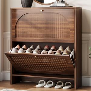 Nicetree Arch-Chic Shoe Cabinet for Entryway, Modern Mid-Century Shoe Storage Cabinet with Fluted, Narrow Shoe Rack with Adjustable Shelves & Tipping Protection, Fits Size 12+ Shoes,Luminous Walnut