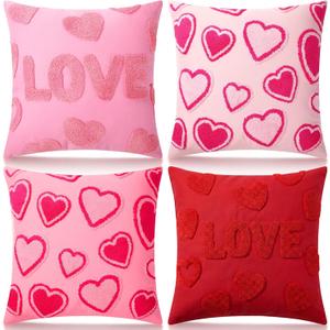 4 Pack Embroidered Valentines Throw Pillow Covers 18 x 18 Red Hearts Decorative Accent Throw Pillow Covers with Zipper Faux Fur Plush Pillows Cover for Valentines Day Couch Sofa Home Decor