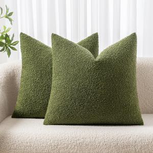 Pack of 2 Boucle Throw Pillow Covers Textured Square Decorative Pillowcases Accent Solid Cushion Covers Home Decor for Sofa Couch Living Room Home Decor 25x26 Inch Olive Green