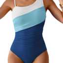 One Shoulder One Piece Swimsuit for Women Tummy Control Bathing Suits Color Block Ruched Swim Suit Slimming Swimwear (Large, White and Peacock Blue)