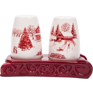 Bico Toile De Jouy Winter Wonderland Salt & Pepper Shaker Set with Holder, Handpainted, Dishwasher Safe (Red)