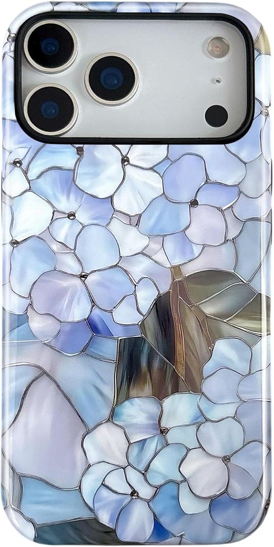 QLTYPRI Flower Case for iPhone 17 Pro Max, Aesthetic Cute Floral Phone Case for Girls Women, Protective Hybrid 2-Layer Hard Shell Silicone Cover Durable Shockproof Phone Cover - Blue Hydrangea