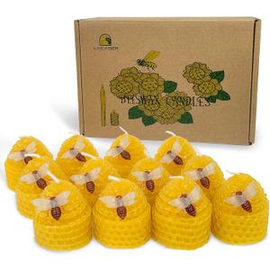 Lacaser Beeswax Candles Bulk Set of 12, Bee Candles with Little Bee Ornament Decors, Bee Themed Gift,Unscented&Smokeless &Dripless, Dia 1.77" x1.97" Each, Yellow (Yellow)