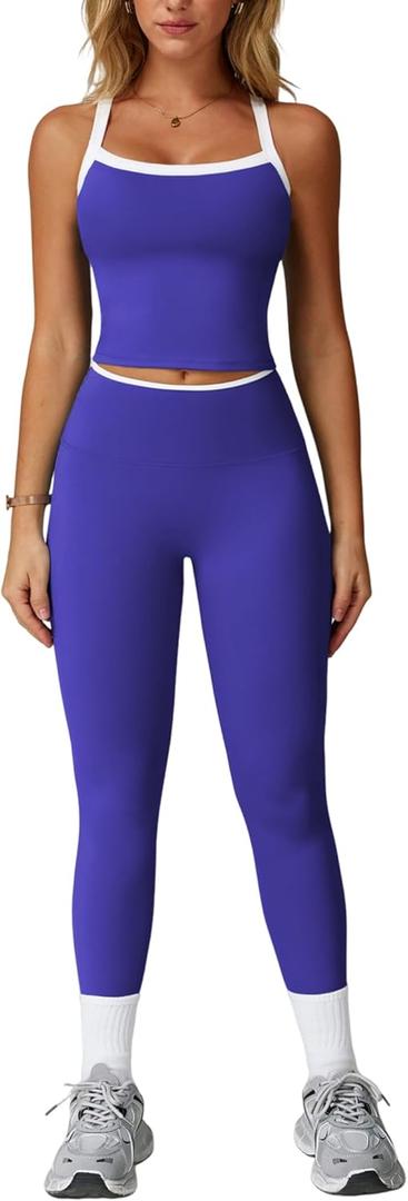 Womens Workout Sets Two Piece Cross Back Tank Top Matching High Waist Leggings Sets Gym Outfits Work Out Clothes (Large, Colorblock Navy Blue)