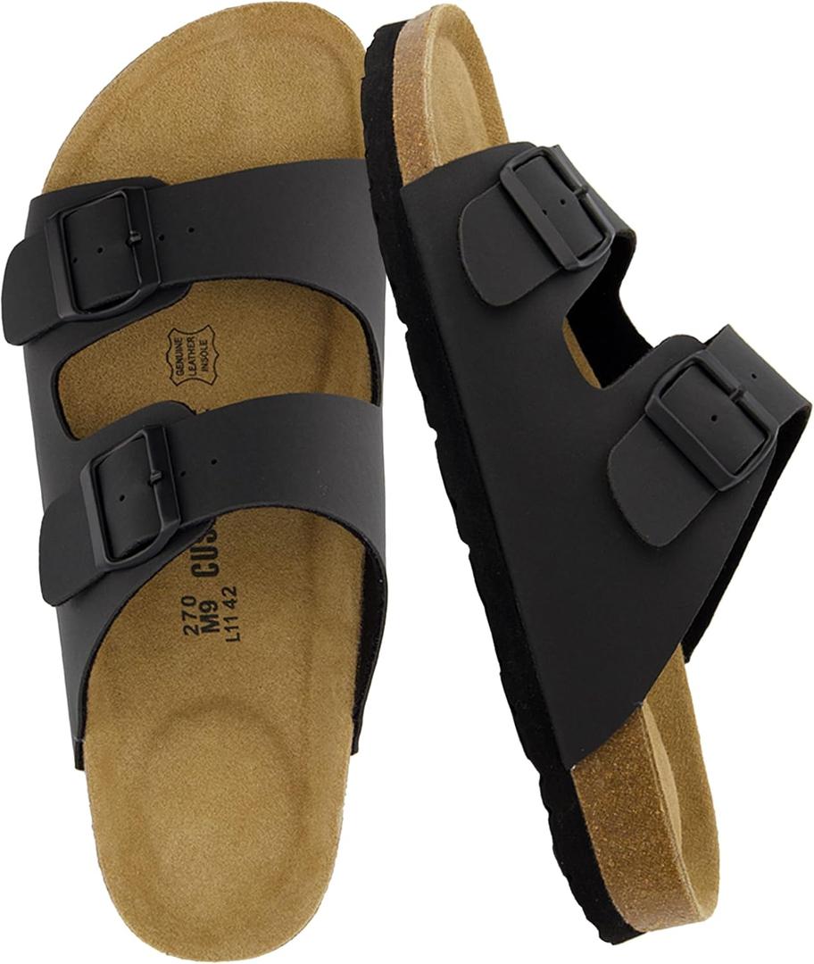 CUSHIONAIRE Lane Cork Footbed Mens Sandals, Adjustable Buckle Comfort Slides for Men, Genuine Leather Insole Summer Sandals Men Footwear (11, Black Nubuck)