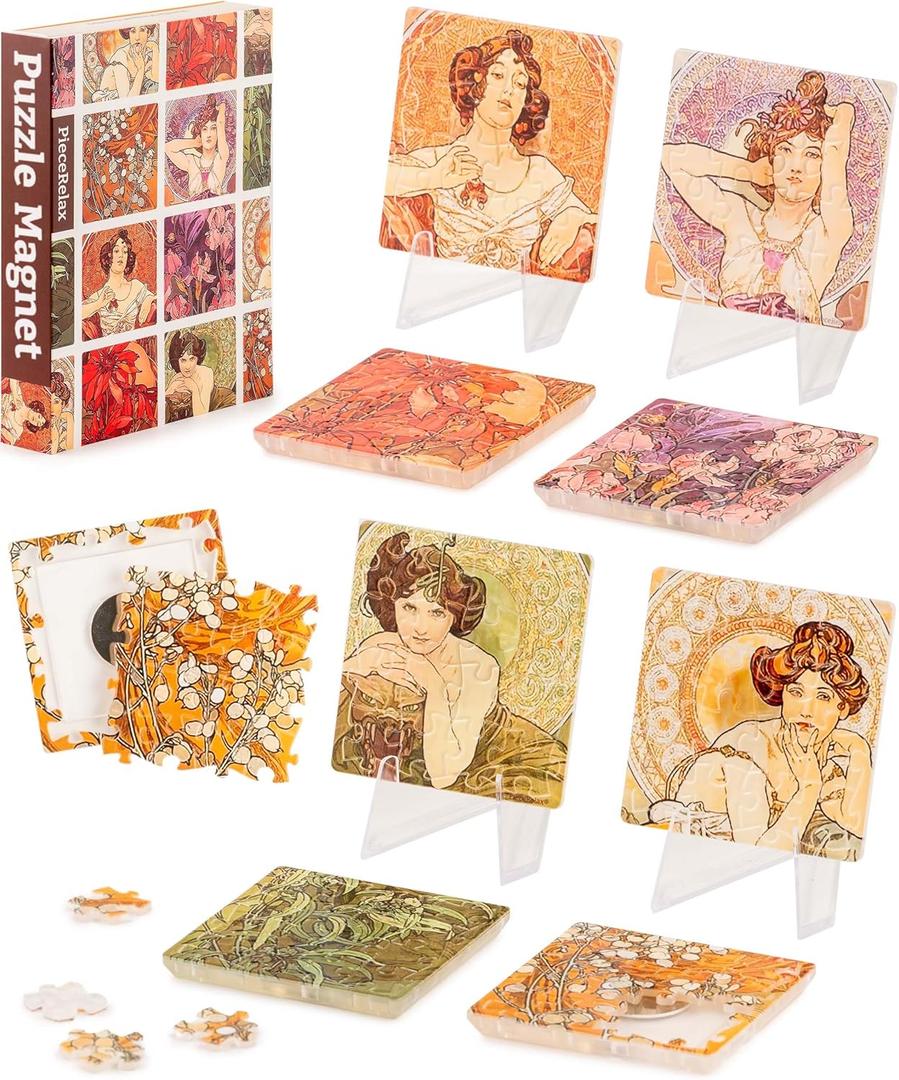 Magnet Puzzle for Adults 128 Pieces - Alphonse Mucha - The Precious Stones Unique Gift & Home Dcor with Plastic Jigsaw Puzzle [D1599]
