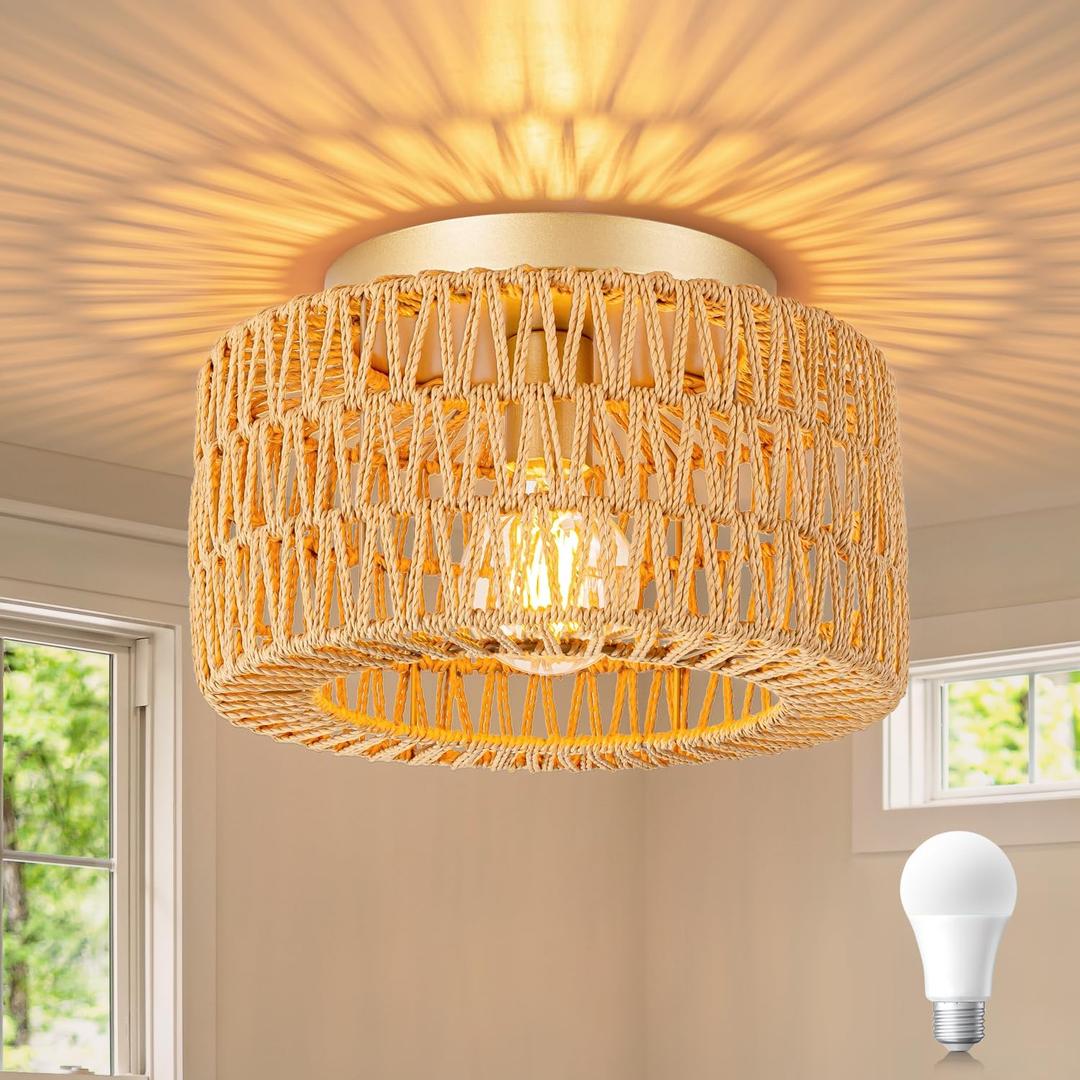 SineRise Rattan Ceiling Light Fixtures (12-Inch, LED Bulb Included), Hand-Woven Boho Flush Mount Ceiling Light, Rattan Chandelier for Hallway Kitchen Farmhouse Foyer Entryway Living Room(Gold)