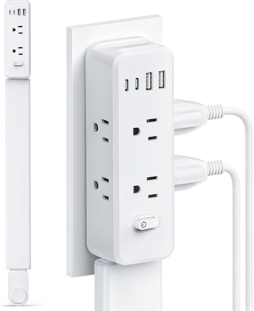 Outlet Extender Stick, 360 Rotating Wall Outlet Expander with 22-35" Extendable Base, 10-in-1 Power Strip Stick with 6 AC Outlets, 4 USB Ports (2 USB-C), Flat Plug for Behind Couch, Home, Office