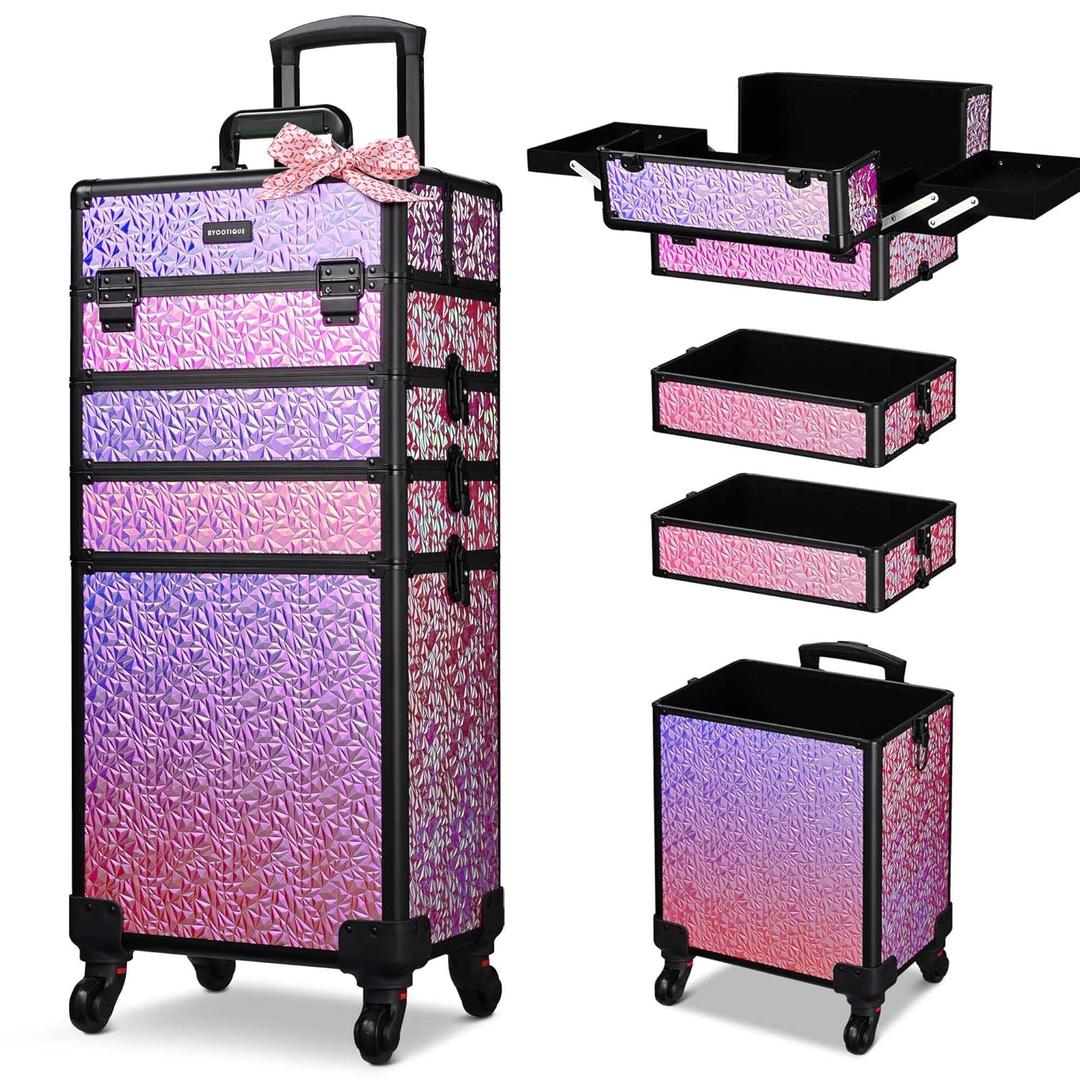 BYOOTIQUE Rolling Makeup Train Case on Wheels 4in1 Cosmetology Profesional Travel Cosmetic Bag Lockable Organizer Box for Hairstylist Artist Nail Beauty Salon Barber,Mermaid Pink (XLarge)
