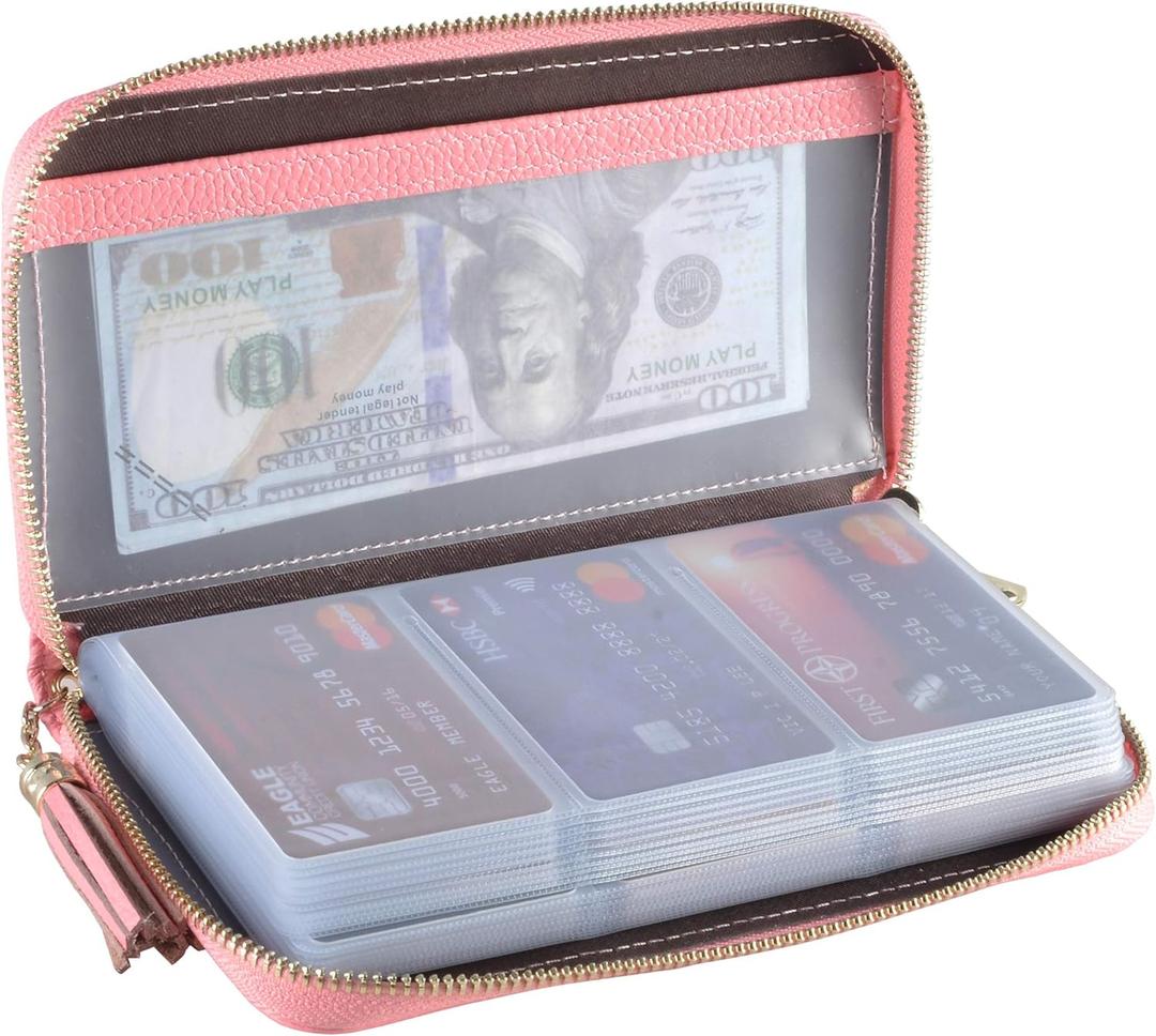 Easyoulife Credit Card Holder Wallet Womens Zipper Leather Case Purse RFID Blocking (Pink)