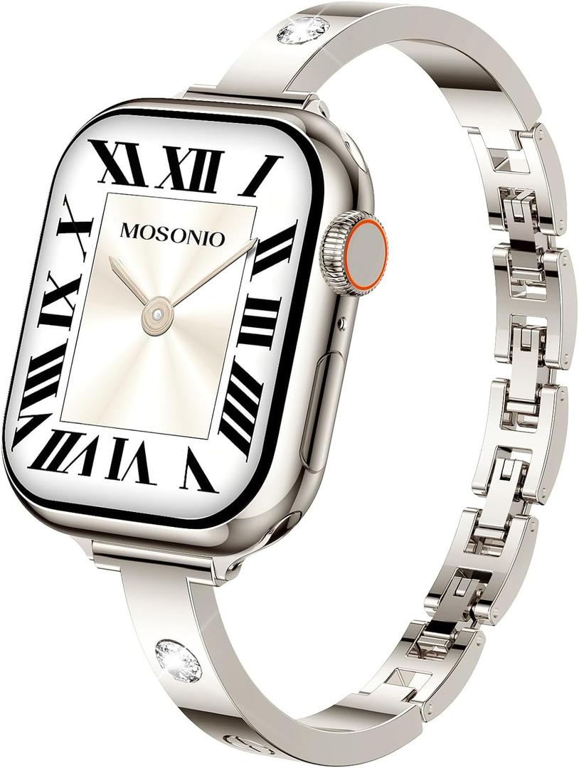 Mosonio Slim Bracelet Band with Sparkly Accents Compatible with Apple Watch Bands 46mm 45mm 44mm 49mm 42mm(Series 3 2 1)/ 38mm 40mm 41mm 42mm(Series 11 10) for Women, Stylish Adjustable Link Thin Metal Strap for iwatch Ultra Series 11 10 9 8 7 6 5 4 SE 3 2 1 (Starlight)