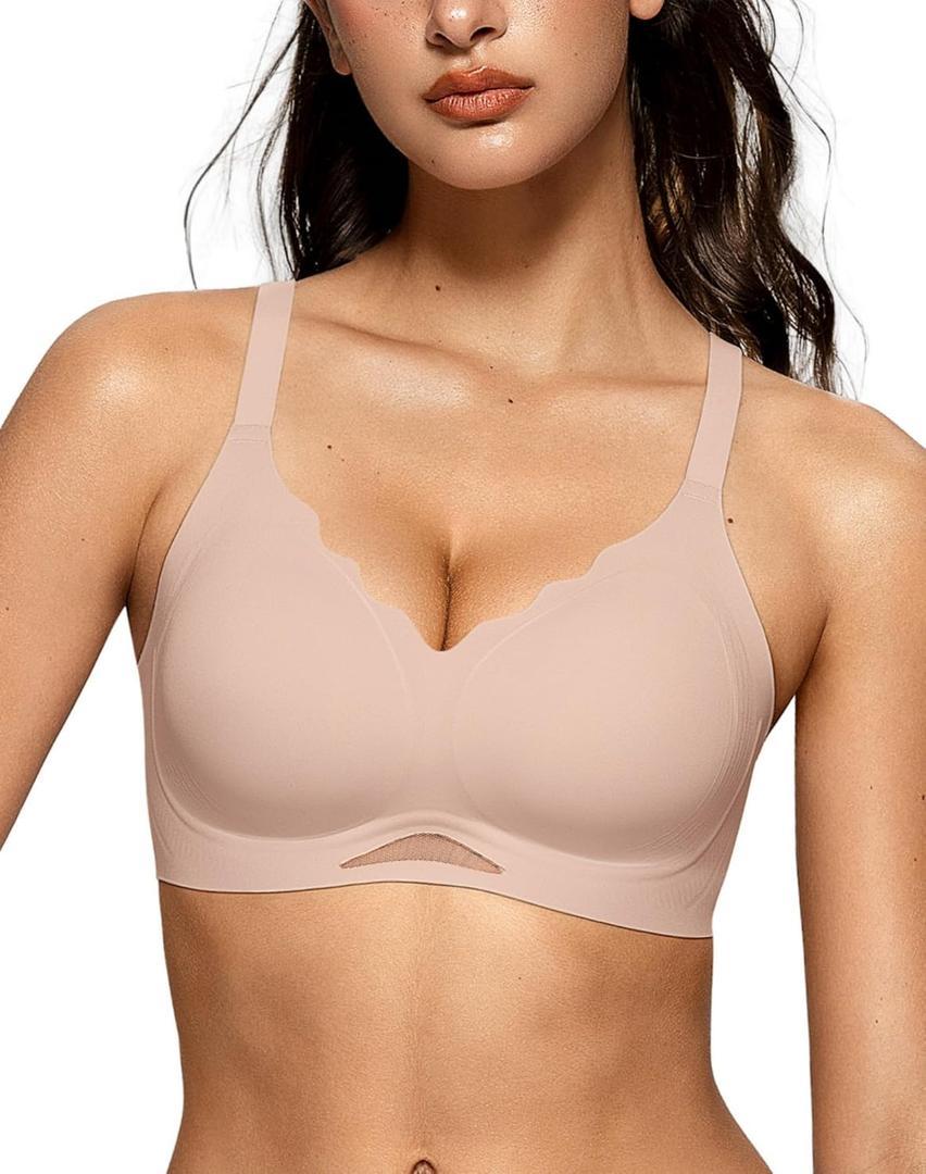 OEAK Womens Wireless Bras Scalloped Push Up Bralettes No Underwire Supportive Tshirt Bra Seamless Comfortable Everyday Bras (Medium, Nude)