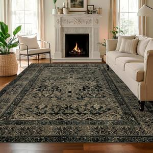 Boho Washable Rug for Living Room: Vintage 8x10 Area Rugs for Bedroom Soft Non Slip - Thin Stain Resistant Carpet for Dining Room Indoor - Dark Green (8' x 10' (Rectangular))