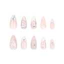 4 x Almond Press on Medium French Tip Nails with Silver Bow Design - 3D Water Ripple Acrylic Y2k Star Stiletto False Nails - Full Cover Stick on for Women Manicure - 24Pcs