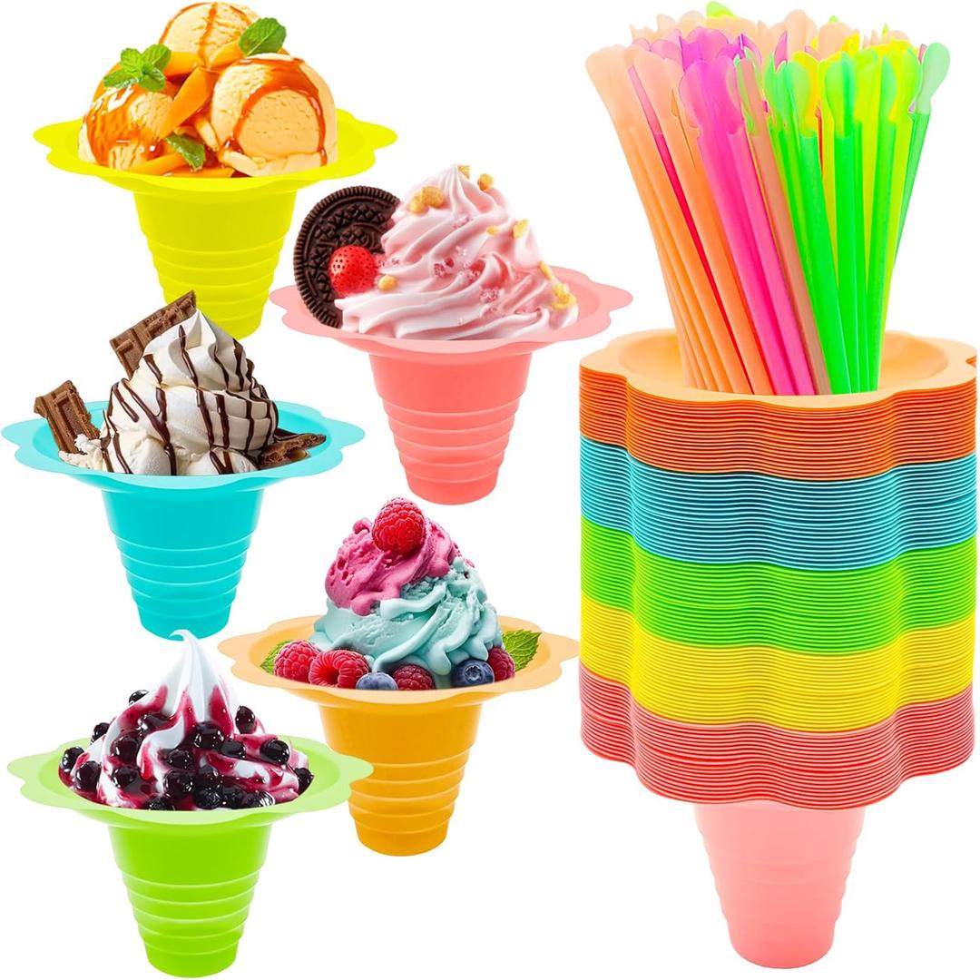 Jgalnim 200PCS 8oz Large Colorful Flower Shaped Snow Cone Cups with Spoon Straws,Plastic Shaved Ice Drip Cups,Reusable Snack Ice Cream Bowls for Party Summer Cookout Food Service Holiday Party