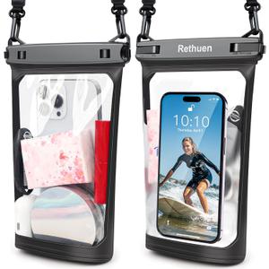 Large Waterproof Phone Pouch, 2Pack Floating Waterproof Bag for iPhone 17 16 15 14 13 Pro Max Galaxy S24 S23 S22 All Phones, Cell Phone Dry Bag for Beach Swimming Rafting Boating (Black + Black)