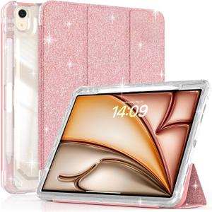 Glitter Case for iPad Air 13" M3/M2 (2025/2024),Screen Protector with Pencil Holder,Sparkle Glitter Leather Trifold Stand Magnetic Smart Cover, Shiny Clear TPU Back for Women & Girl, Rosegold