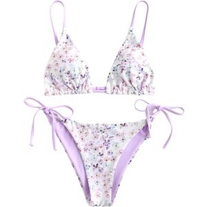 ZAFUL Women's Triangle Bikini Floral String Bikini Set Two Piece Swimsuit Bathing Suits (Large, 2-mauve)