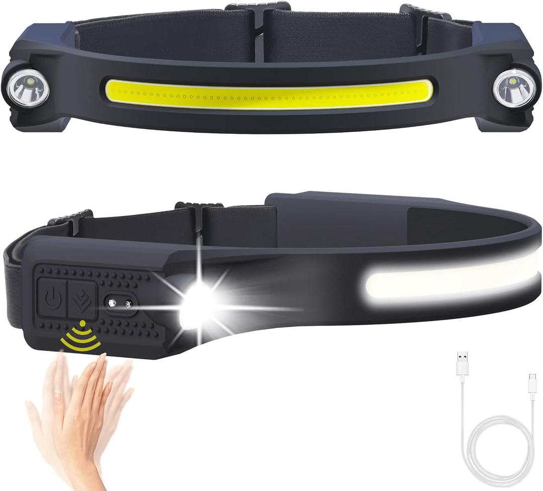 AlpsWolf LED Headlamp Rechargeable, 2 XPE LED and COB LED Head Lamp, Sensor Mode, 260 Wide Beam, IPX4 Waterproof, Rechargeable Headlight for Camping Accessories (2 Pack)