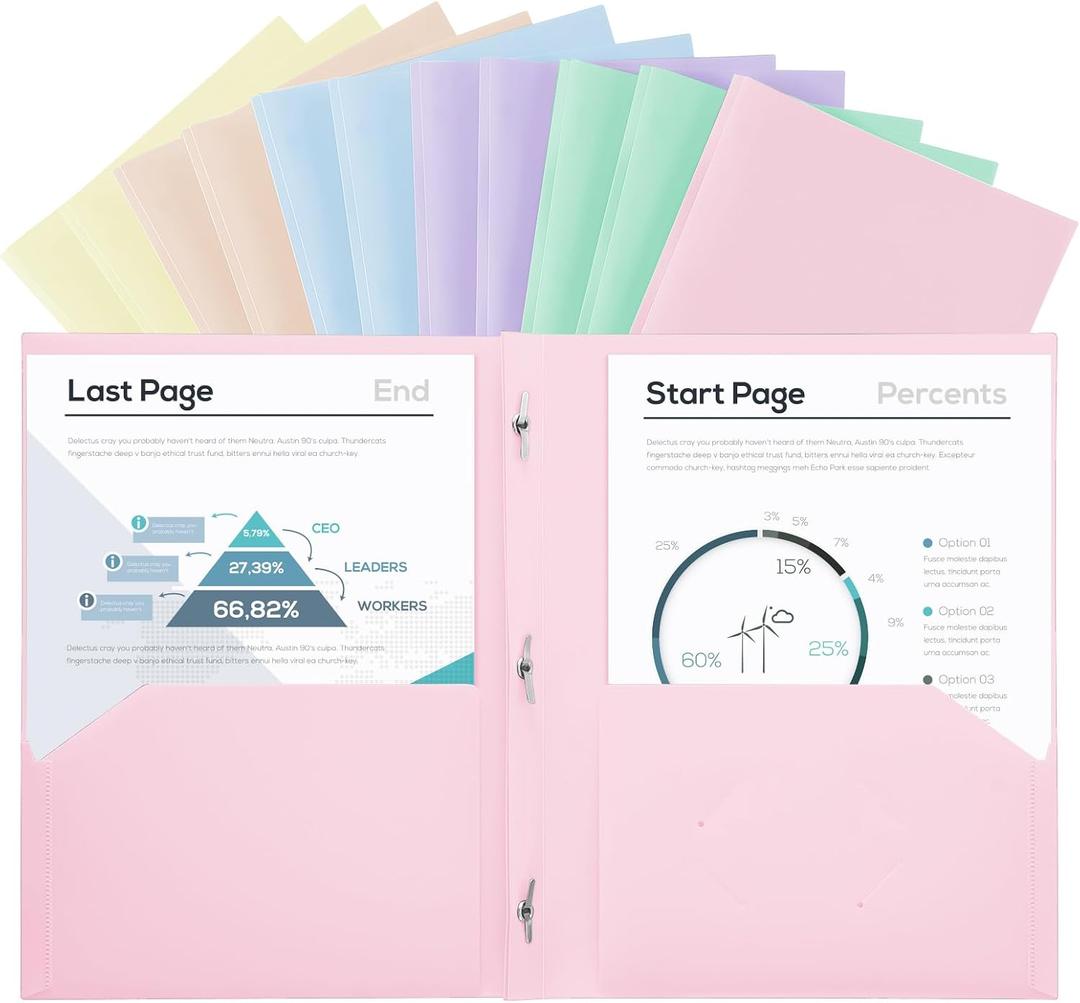 SUIN Plastic Project-Folder with 2 Pockets and 3-Prong Fasteners, for US Letter Size, Bulk Pack Color File-Folder for US Letter Size Papers, Ideal for School & Office, (Assorted Pastel Colors)