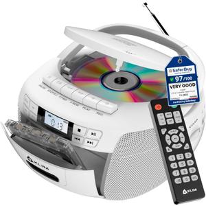 KLIM CD Player & Cassette Tape Player, Bluetooth Boombox, AM/FM Radio, Stereo Sound, Remote, CD and Cassette Combo, Tape Recording, USB Drive, AUX, AC/DC Powered - White