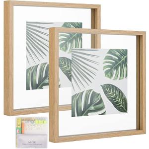 MUYE 12x12 Floating Frame Set of 2,Double Glass Rustic Square Photo Frame,Display Any Size Photo up to 12x12,Wall Mount or Tabletop Standing Natural