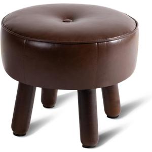 Small Foot Stool Ottoman, Round Pouf Foot Rest, Footstool Ottomans with Rubber Legs Under Desk, Faux Leather Footrest for Couch, Living Room, Bedroom, Office, 13''L x 13''W x 10.2''H, Coffee
