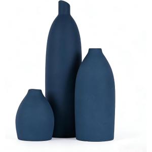 Blue Vase Set of 3, Navy Blue vase Trio Ceramic Bud Vases, Watertight Blue Ceramic vase Set with Non Slip Pads, Small Medium Tall Vases for Shelf Decor, Centerpieces