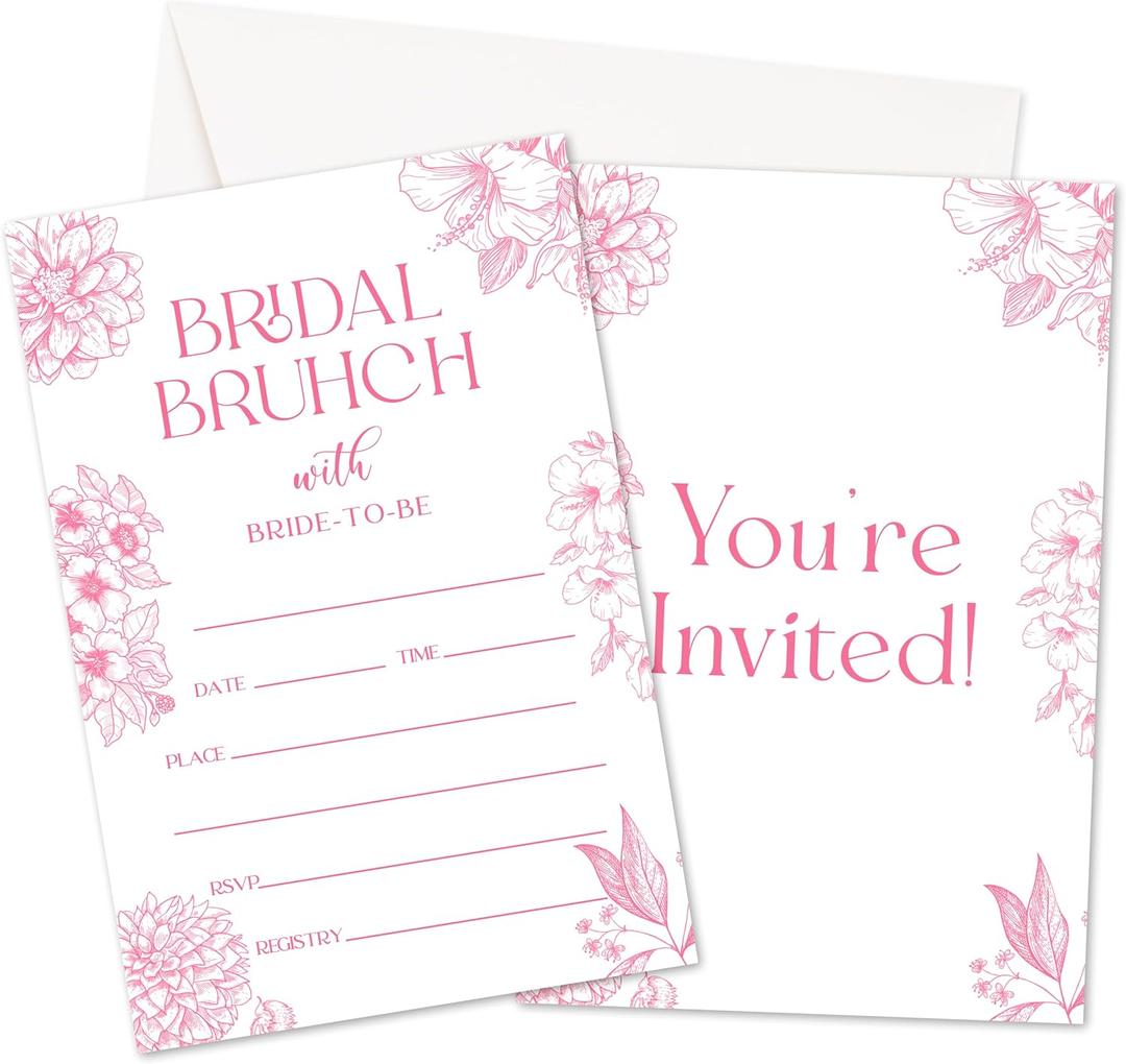 HMJKL Wedding Shower Invitations, Pink Floral Bridal Shower Party Invites With Envelopes For Couple, Minimalist Engagement Banquet Party Celebration Decorations Supplies, 25 Pack -A01