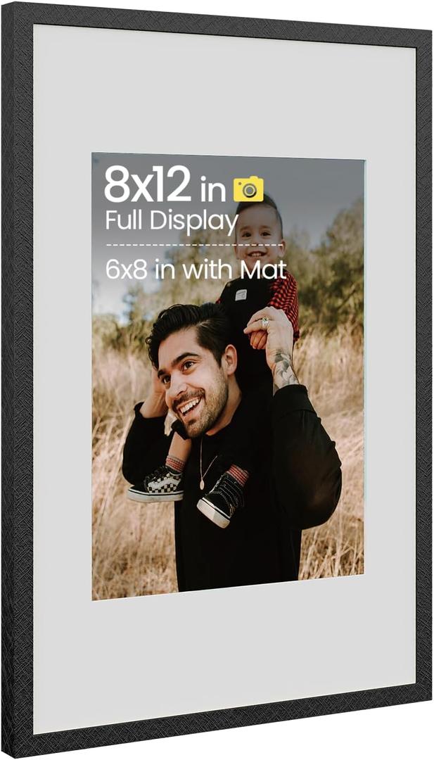 Heimlove 8x12 Aluminum Metal Frame, Black Photo Frame 6x8 with Mat or 8x12 Without Mat for Table Top Display and Wall Mounting, Wall Hook Hanging Hardware Included