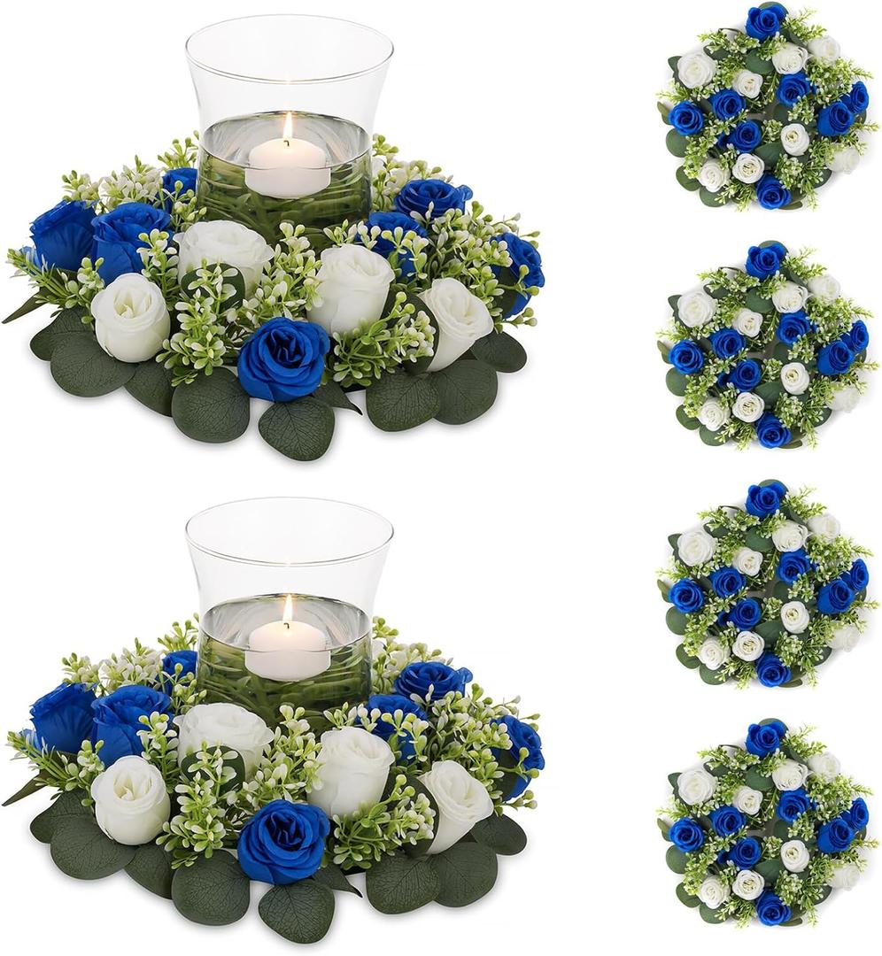 NUPTIO Artificial Flowers Candle Rings - 6 Pcs 14 inch Diam Large Champagne & White Fake Roses Wreath Wedding Centerpieces for Tables Spring Summer Wreath for Front Door Weddings Party Ceremony Decor