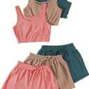 GORGLITTER Women's 6 Pieces Going Out Outfits Cute Crop Tank Top and Shorts Sets Summer Vacation Beach Cruise Clothes (Large, Blue Brown Pink)