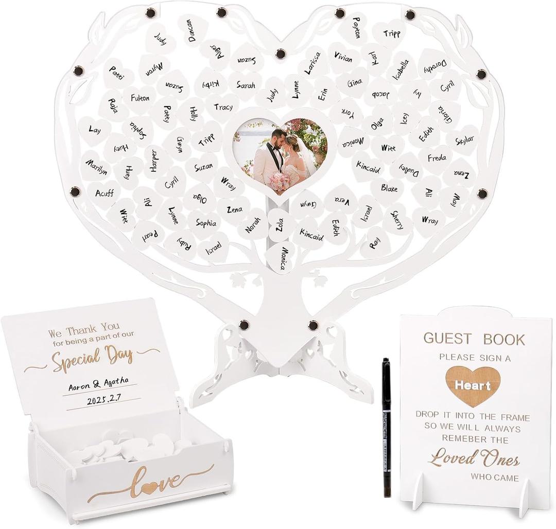 Heart Wedding Guest Book Alternative, White Rustic Wooden Wedding Souvenirs with Heart Picture Frame, Heart Guest Book Drop Box, Personalized Decor Party Birthday