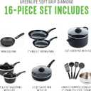 GreenLife 16 Piece Nonstick Cookware Set, Soft Grip Non-Toxic PFAS-Free Ceramic Pots & Pans, Dishwasher & Oven Safe, Frying, Sauce, Saute, Utensils, Glass Lids, Stay-Cool Handles, Wobble Free, Black