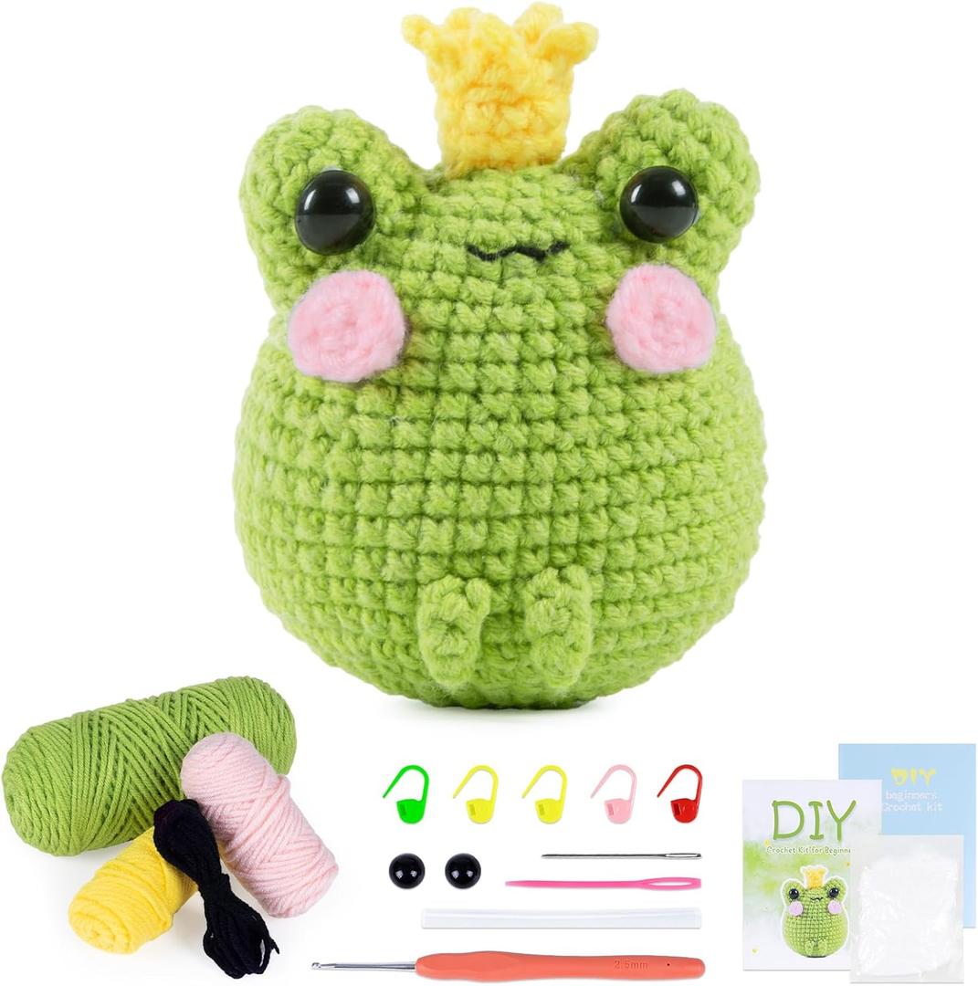 VOCHIC Crochet Kit for Beginners Cute Frog Crocheting Knitting Kit DIY Crochet Starter Kit with Step-by-Step Video Tutorial Gift for Friends Adults Kids