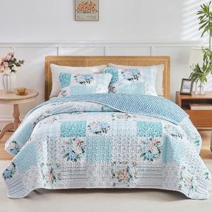 Joyreap 3 Pieces Floral Patchwork Quilt Set Queen, Blue n White Flowers Design, Soft n Cozy Microfiber Quilt, Bedspread Bed Cover for All Season, 1 Quilt and 2 Pillow Shams- 90x90 inches