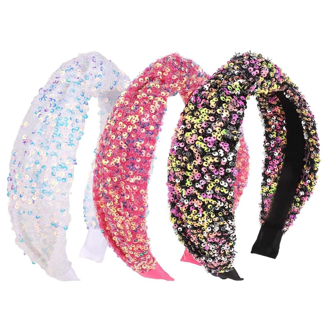 Headbands for Girls, 3 Pack Sequin Knotted Headband for Women Set Cute Glitter Girl Headbands Black White Pink Knot Headband Sparkly Hairband Head Bands Hair Accessories for Girls Toddler