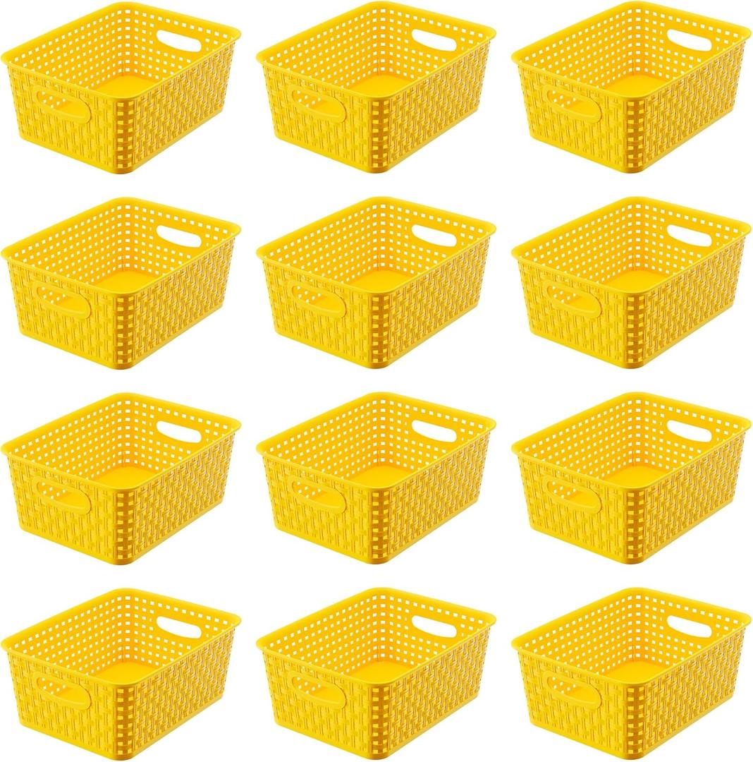 Yellow Plastic Organizer Baskets, 12-Pack Stackable Pantry Storage Baskets, Small Baskets for Shelves, Bathrooms, Kitchens, Laundry Room, Classrooms, Cabinets and Bedrooms