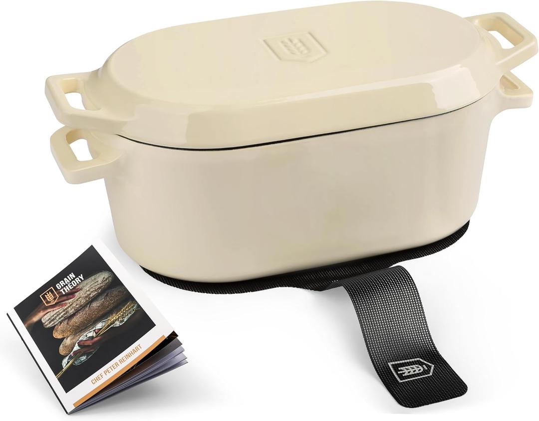 Kook Dutch Oven, For Sourdough Baking, Dual Handles, Enameled Cast Iron, includes Silicone Mat and Sourdough Guide, Dishwasher Safe, 5 Qt, (Ivory)