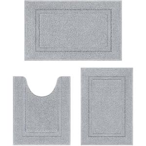 SHACOS Soft Fluffy Bathroom Rugs Set of 3 Pieces Bath Mats with U Shape Toilet Rugs Non Slip Washable Bath Rugs Absorbent Bathroom Carpet for Shower Tub, Light Gray