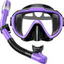 Snorkel Set Adults Snorkeling Gear Anti-Fog Panoramic View Swim Mask Dry Top Snorkel Kit with Carry Bag for Snorkeling Scuba Diving Swimming Travel (Purple+Black)