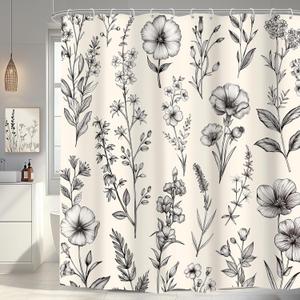 Omifly Vintage Farmhouse Floral Shower Curtain 72Wx72H Inch Beige Black Flower Shower Curtains for Bathroom Boho Botanical Plant Wildflower with 12 Plastic Hooks Fabric Waterproof Accessories Decor