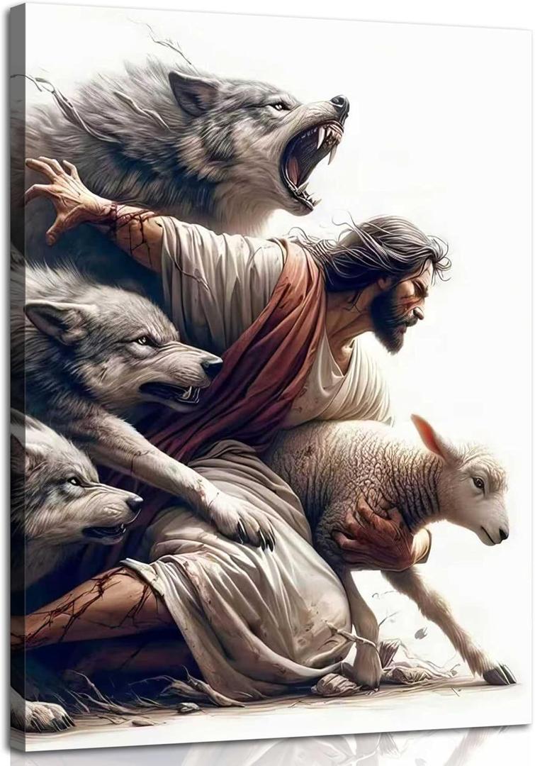 Framed Jesus and Lamb Wall Art Jesus Protecting Lamb from Wolves Canvas, 24L"x16W" Canvas