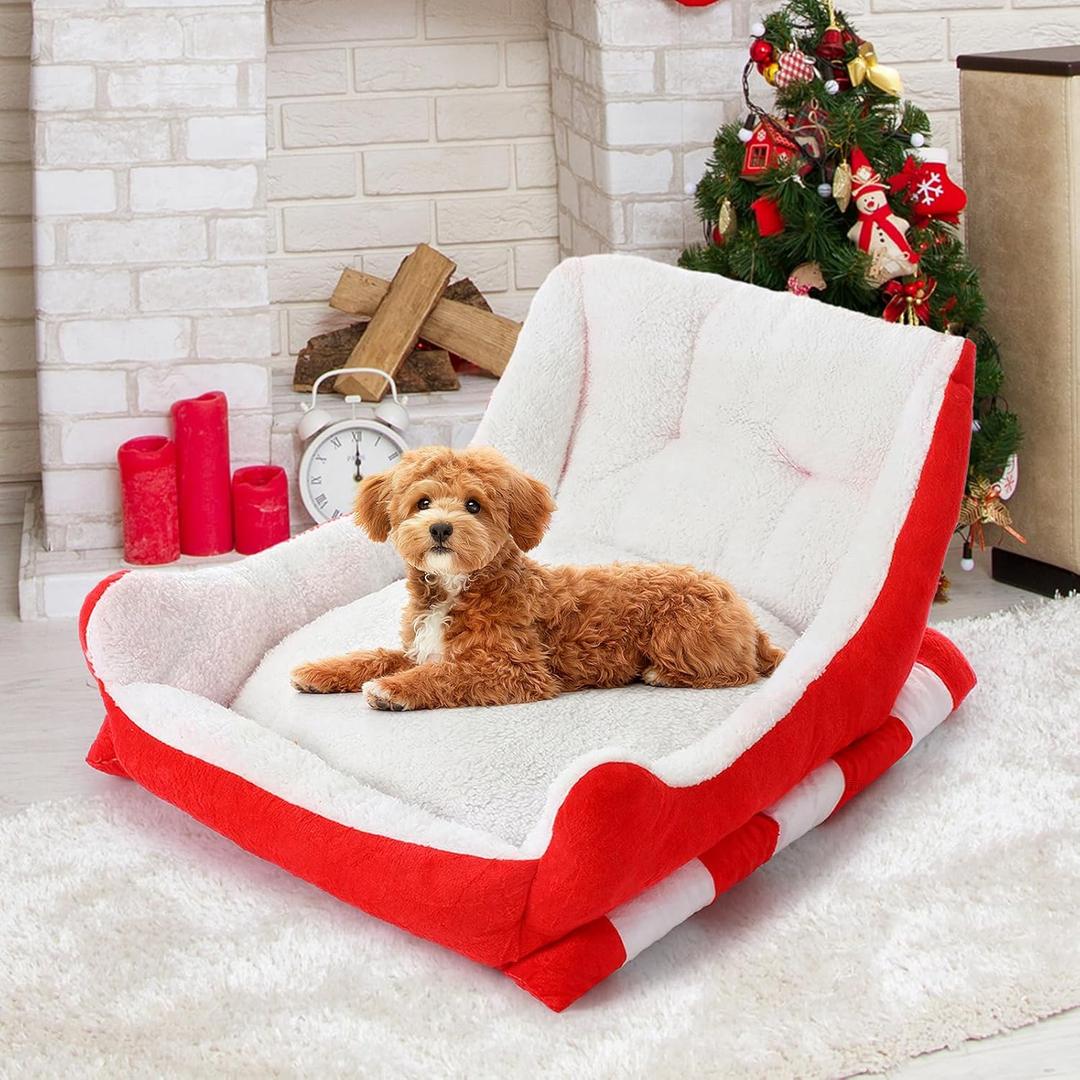 Beeveer Christmas Dog Bed Pet Red Sleigh Cat Sofa with Plush Synthetic Fur, Washable Cozy Christmas Pet Bed for Small to Large Dogs Indoor Outdoor Use (Red White, 24x15x11 Inch)