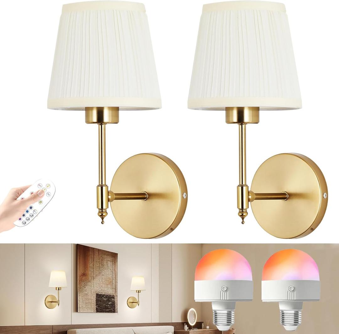 Wireless Wall Sconces Set of Two, Battery Operated Wall Sconce with Pleated Shades, Rechargeable Wall Light with Remote , 15 Colors Dimmable Wall Sconce, Gold Wall Lamps for Living Room, Bedroom, Hallway