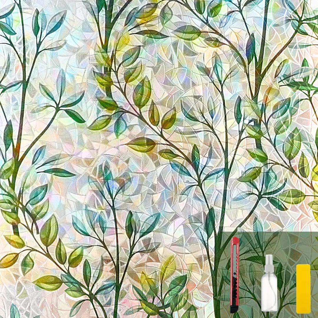 Window Privacy Film - Elegant Leaves Stain Glass Window Film for Glass Enhanced Home Privacy - Non-Adhesive Reusable Decorative for Room Leaf Rainbow (17.5x78.7 in) (17.5x78.7 in)
