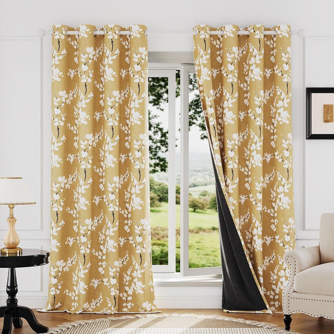 FMFUNCTEX 100% Blackout Floral Curtains for Bedroom, Mustard Yellow Curtain 84 inches Long Blossom Patterned for Living Room, Thermal Insulated Farmhouse Drapes, Grommet Top 2 Panels (White on Yellow)